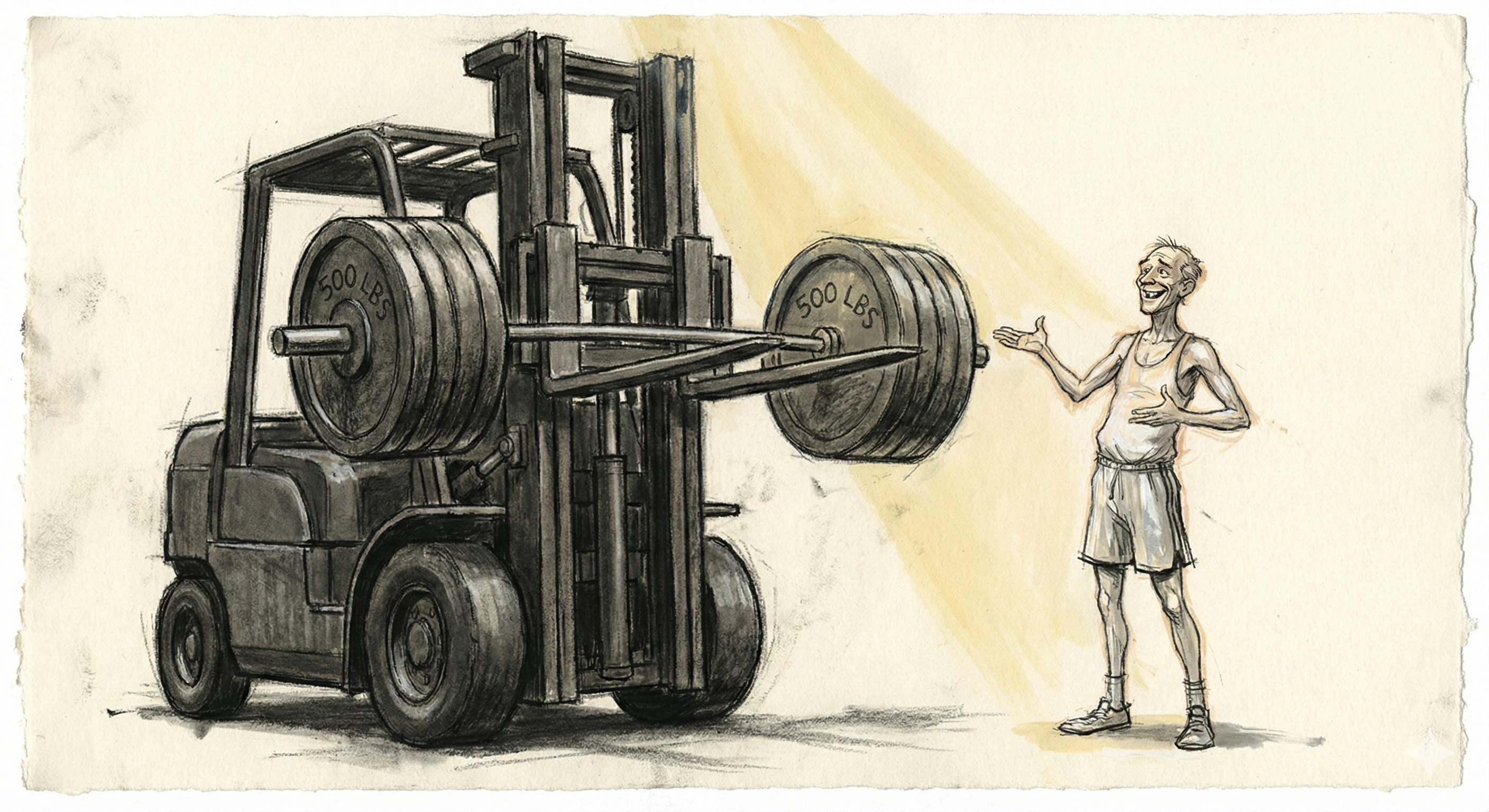 Deadlifting with a forklift metaphor - illustrating that using AI without building foundational strength defeats the purpose of learning