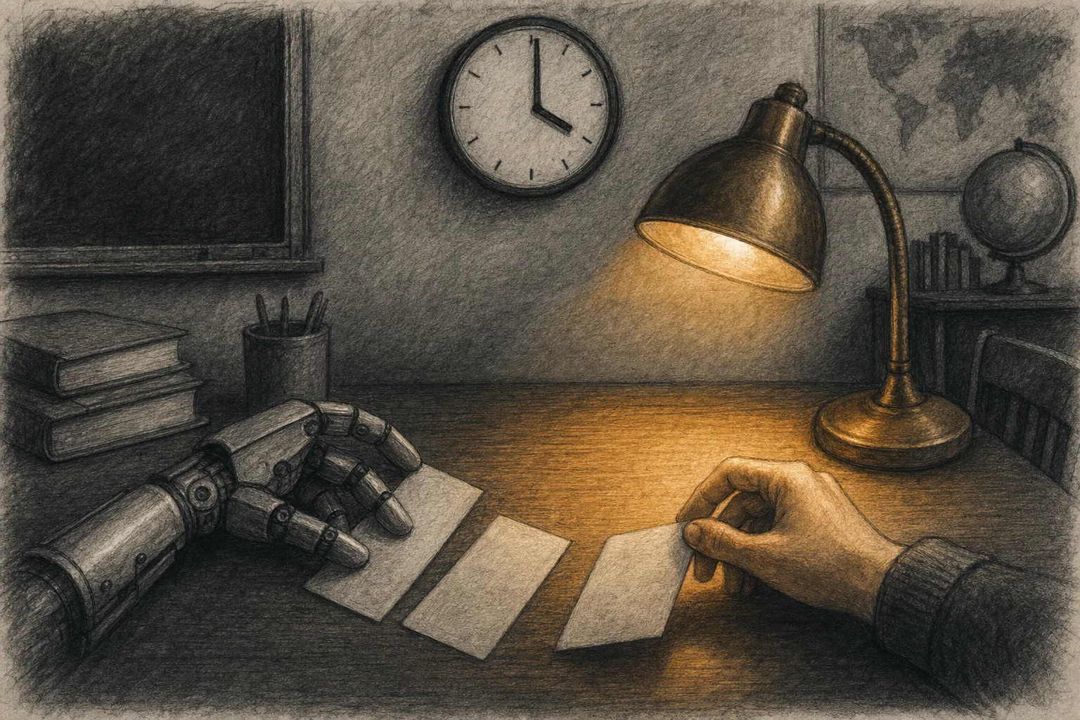 Charcoal illustration under a clock reading 4pm: a grey robotic hand fans out three paper slips while a warm human hand under lamplight reaches to take one of them.