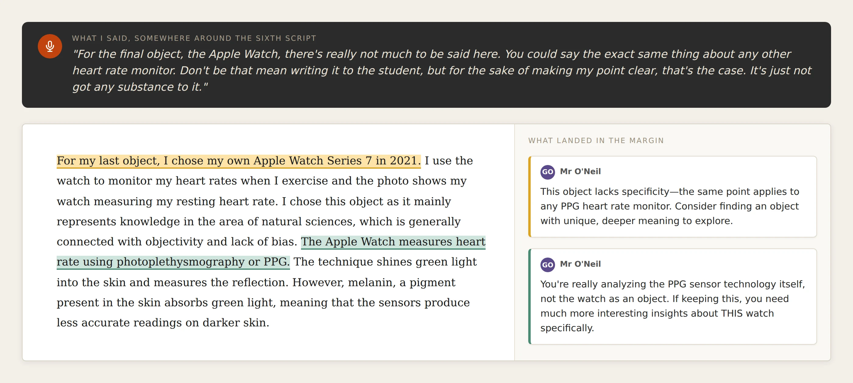 A real teachspeak session: a dark transcript strip quoting what was said aloud about the Apple Watch object, above a Word-style document with the student's paragraph highlighted and two softened margin comments from Mr O'Neil.