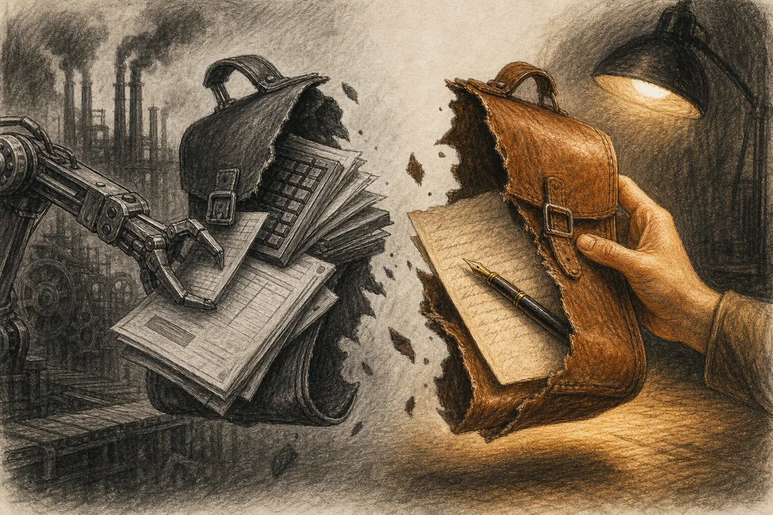 Charcoal illustration of a teacher's satchel split down the middle: one half drained grey and fed into a machine, the other half warm leather under a brass lamp.