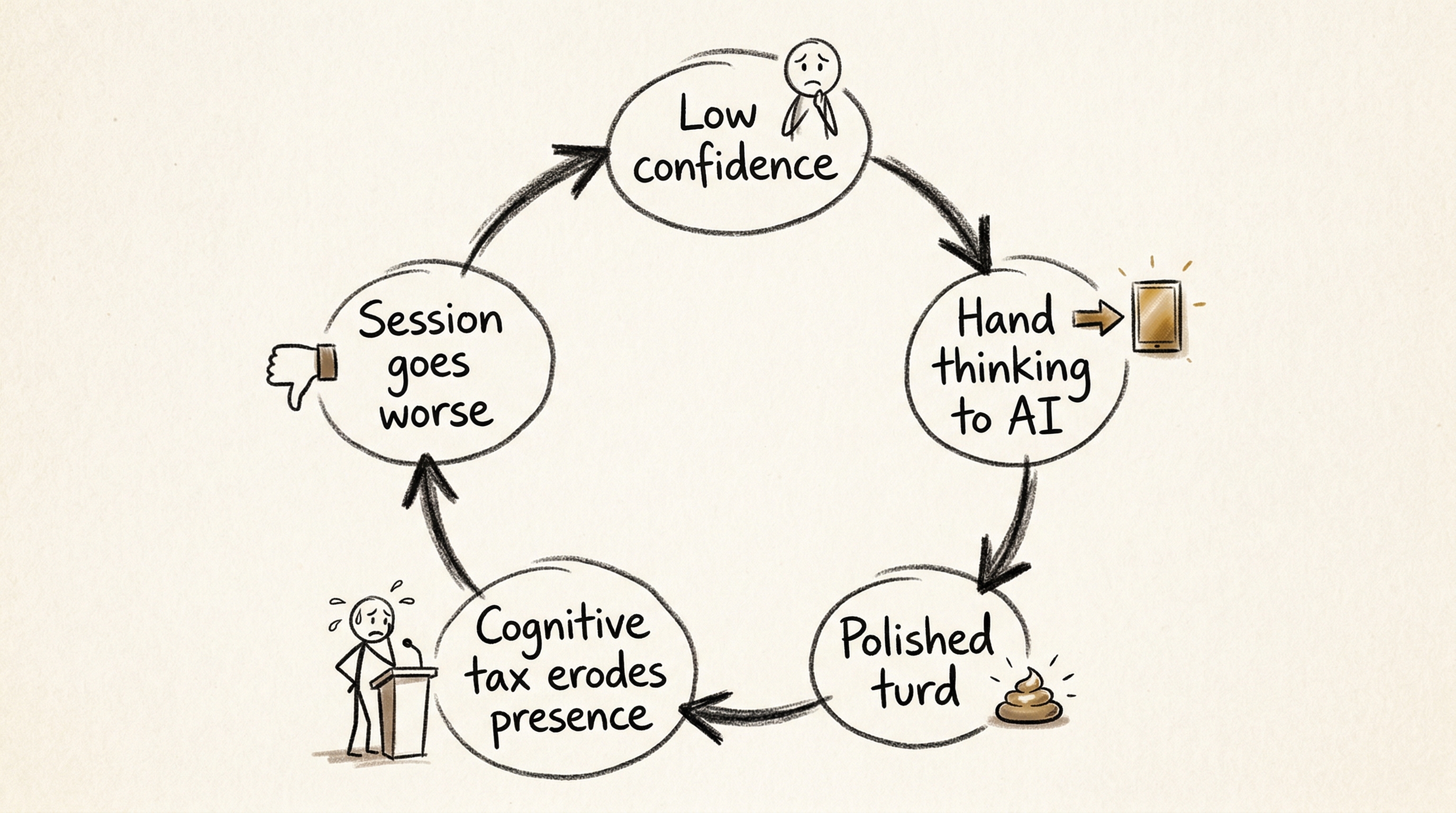 Diagram of the AI confidence loop: low confidence leads to over-relying on AI, which produces undigested output, which erodes delivery presence, which confirms the original insecurity
