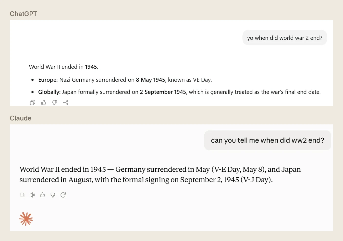 Screenshots of two chatbot conversations stacked. ChatGPT and Claude are each asked casually when World War II ended. Both answer 1945, both give 8 May for Germany and 2 September for Japan, and neither mentions that Russia marks the date differently or that the question has more than one defensible answer.
