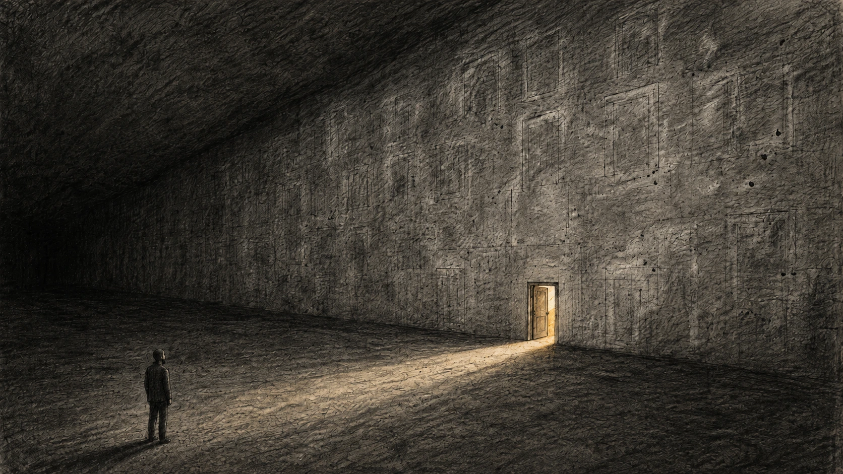 Cover: a graphite sketch of a lone figure in a dark hall facing one amber-lit door, the rest of the wall bearing only the erased outlines of doors.