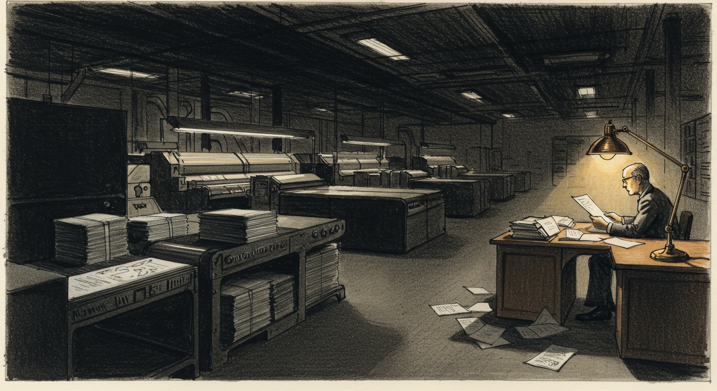 The Inspection Table: a lone figure at an amber-lit desk in a dark factory