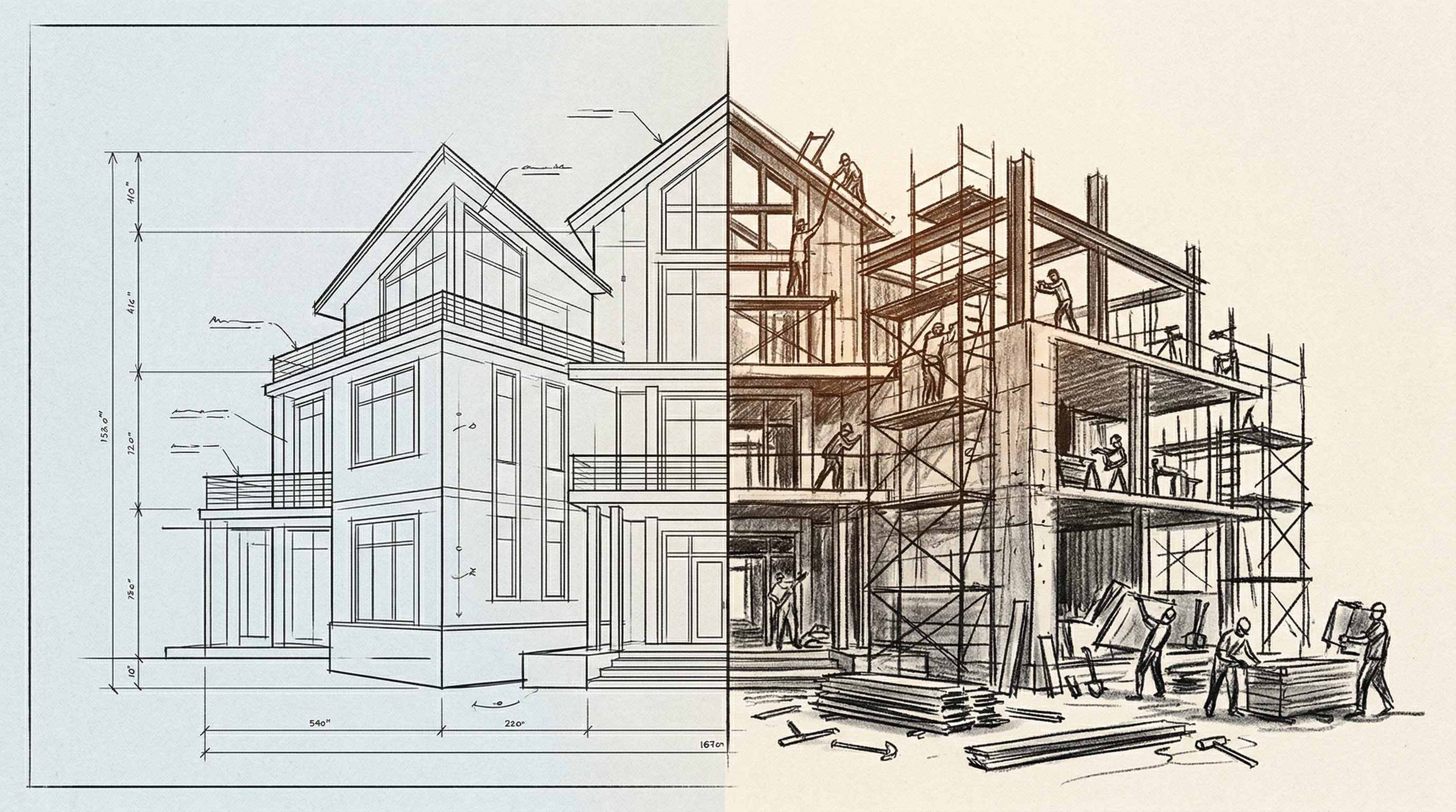 Split illustration: a pristine architectural blueprint on the left versus the same building under messy, chaotic construction on the right — the plan is not the thing