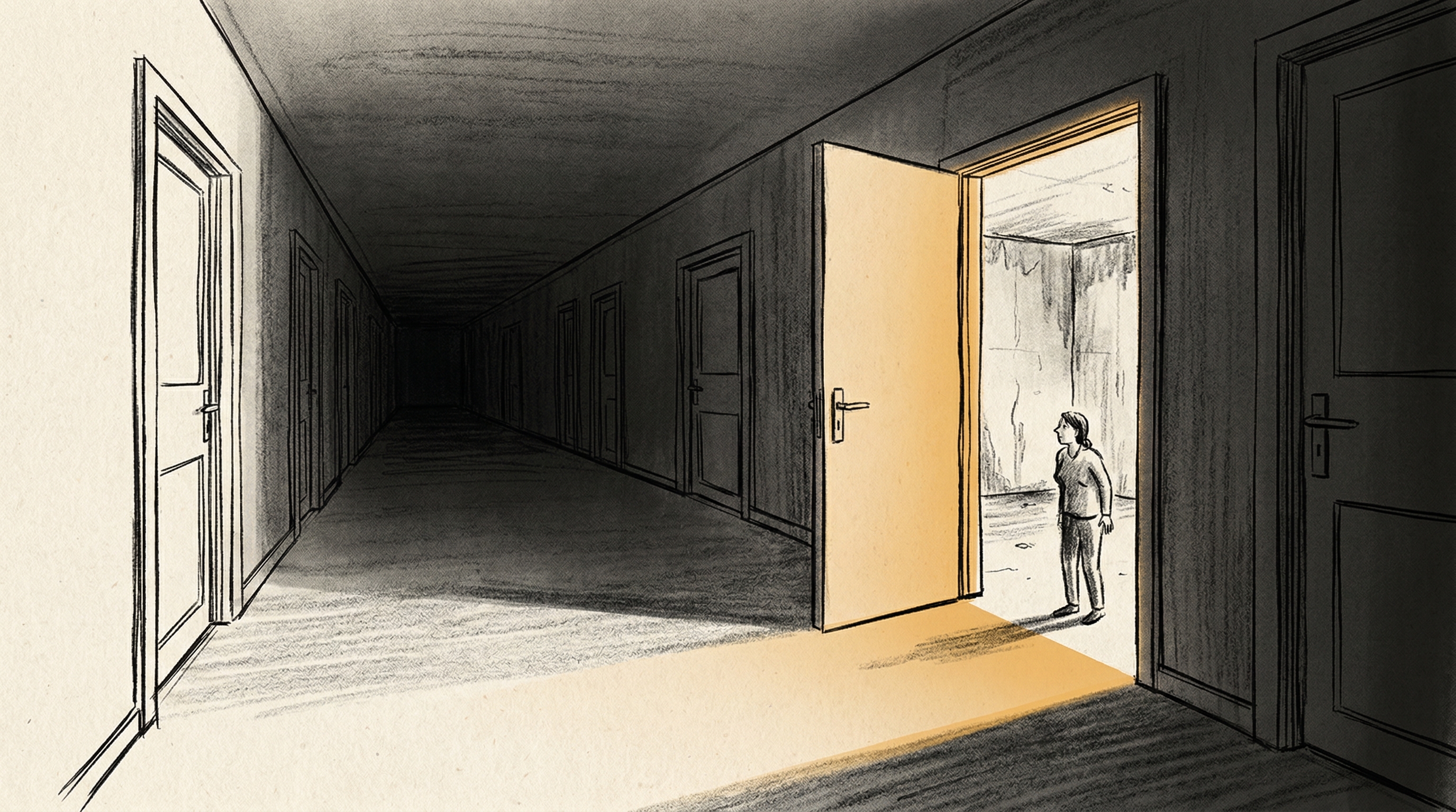 A half-open door leading into a dark, unfamiliar room — illustrating AI opening doors it cannot help you navigate