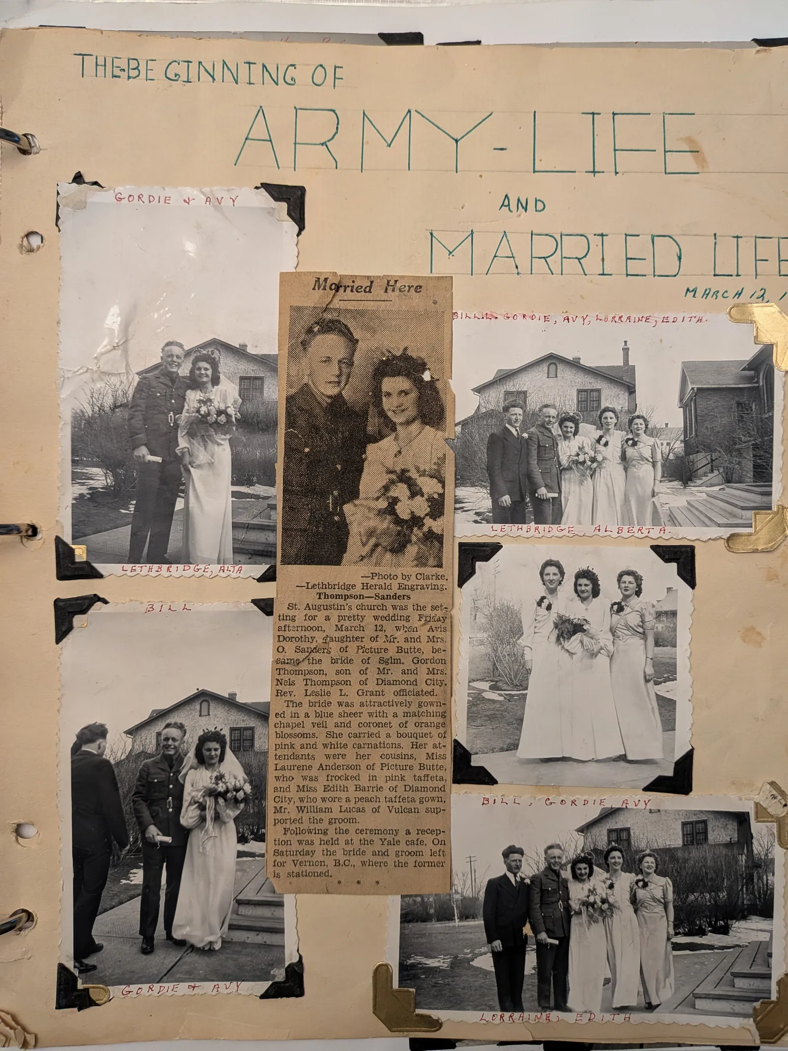 The original black-and-white album page: several wedding photographs, a pasted newspaper clipping headed Married Here, and captions in his own hand — GORDIE & AVY, LETHBRIDGE, ALBERTA, MARCH 12.