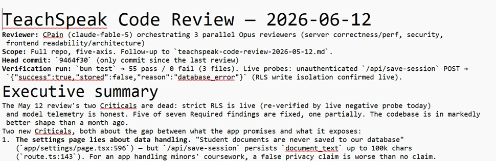 The June 12 code review's executive summary, with finding one in bold: the settings page lies about data handling, claiming documents are never saved while the save endpoint persists essay text.