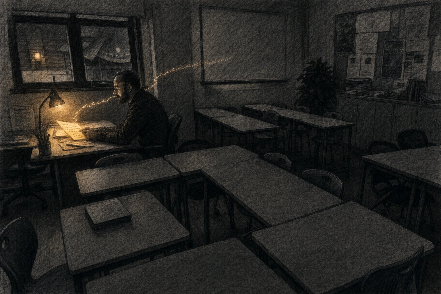 Graphite pencil sketch of a teacher at a desk in a dark room under a single warm lamp, one hand raised to the mouth, essay pages glowing on the desk.