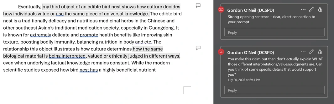 A student's TOK essay in Word with two margin comments from the teacher: one noting a strong opening sentence, one asking the student to explain what different interpretations they actually mean.