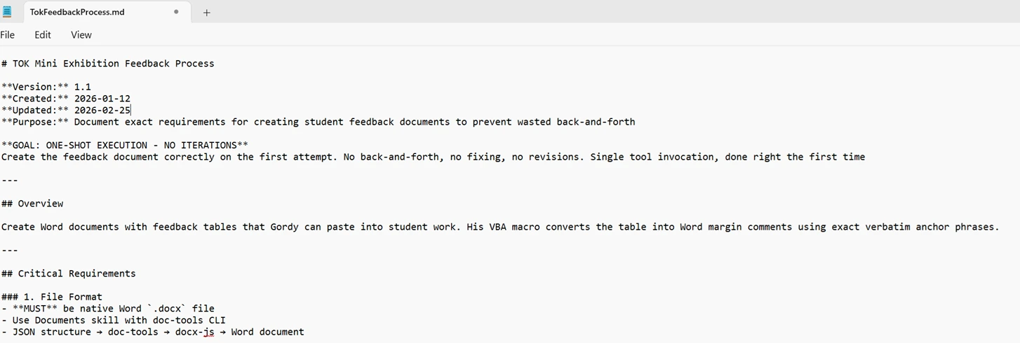 The header of TokFeedbackProcess.md in an editor, showing Created: 2026-01-12 and the goal line ONE-SHOT EXECUTION, NO ITERATIONS.