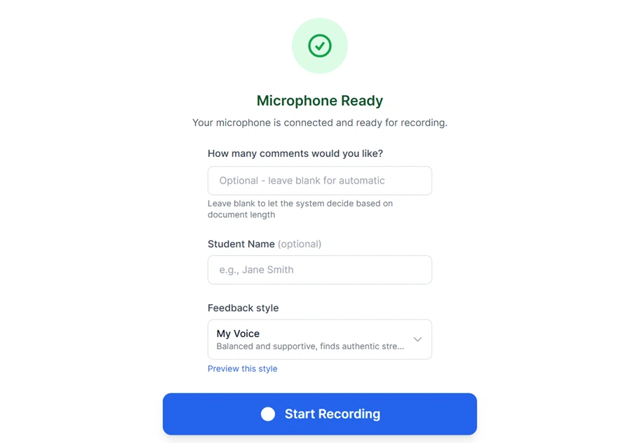 teachspeak's record screen: microphone ready, an optional student name field, feedback style set to My Voice, and a single Start Recording button.