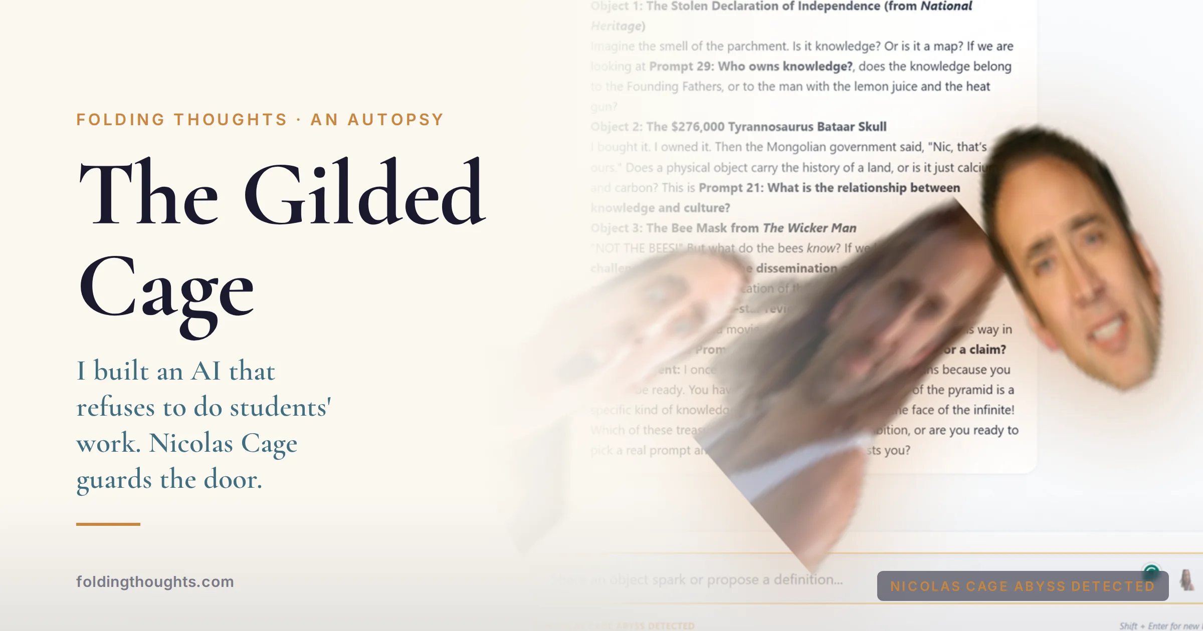 The Gilded Cage cover: three tumbling Nicolas Cage faces spilling over a chat interface, with the title in serif type.