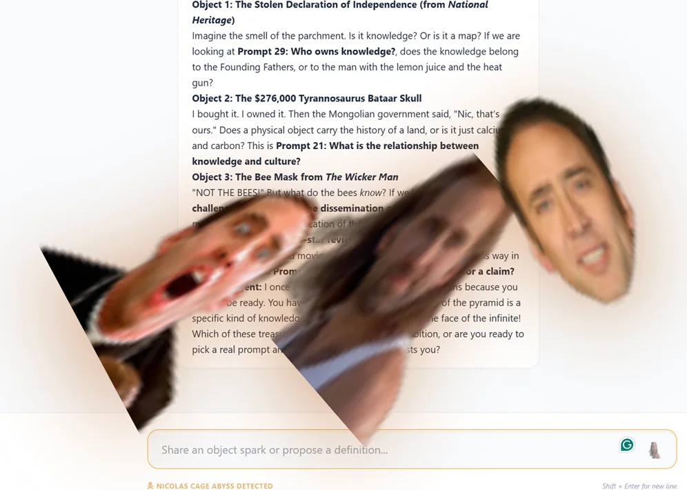 Cage Mode engaged: three Nicolas Cage faces tumble across the chat while the bot proposes the Stolen Declaration of Independence, a $276,000 dinosaur skull, and the Wicker Man bee mask as exhibition objects. The status line reads 'Nicolas Cage abyss detected'.