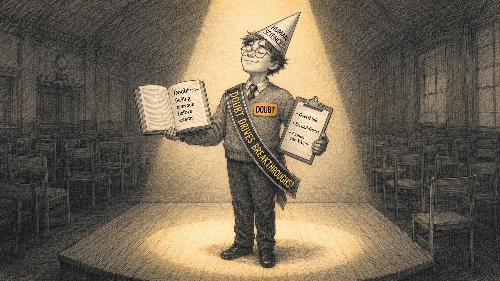An earnest student on a stage in an empty exam hall, kitted out in five empty signals — a DOUBT sticker, an AOK party hat, a DOUBT DRIVES BREAKTHROUGHS sash, an open dictionary, and a clipboard.