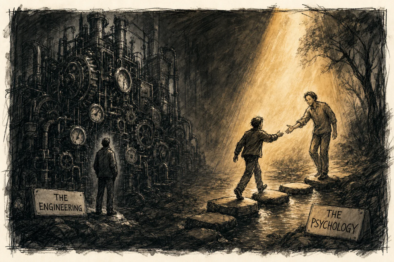 Charcoal and ink illustration: a cold towering machine labelled THE ENGINEERING on the left, a figure crossing stepping stones toward an outstretched hand under a warm spotlight labelled THE PSYCHOLOGY on the right.