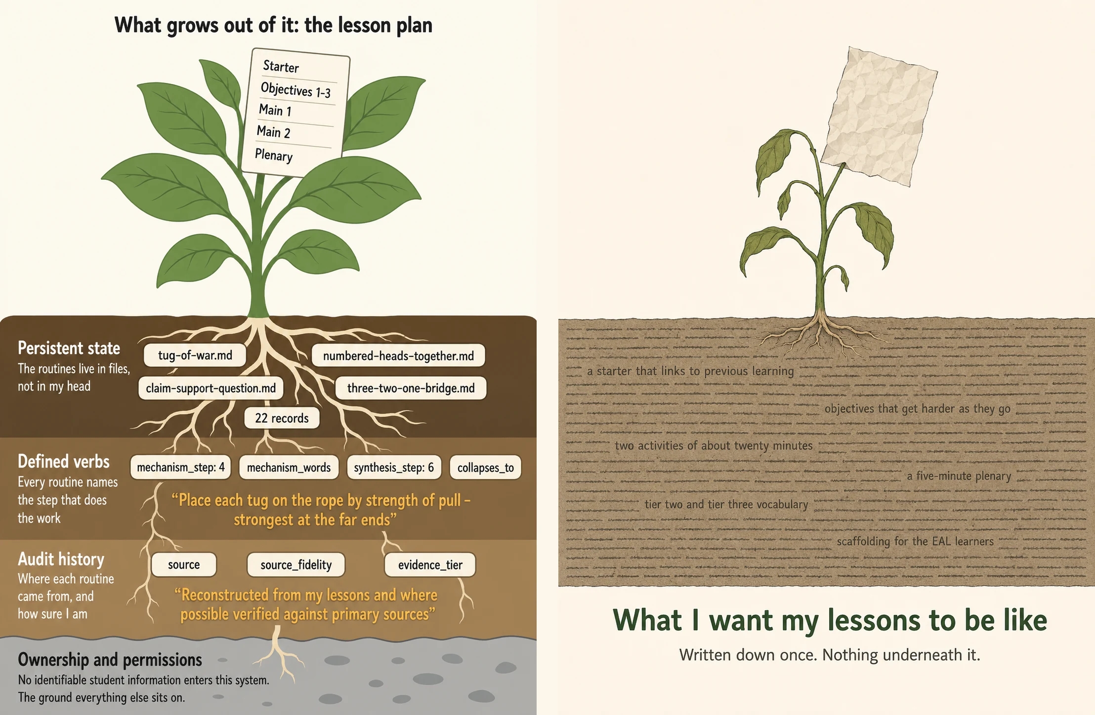 Two cross-section diagrams side by side: a healthy plant whose roots run through three labelled soil bands, and a wilted plant over a block of ordinary handwritten notes.