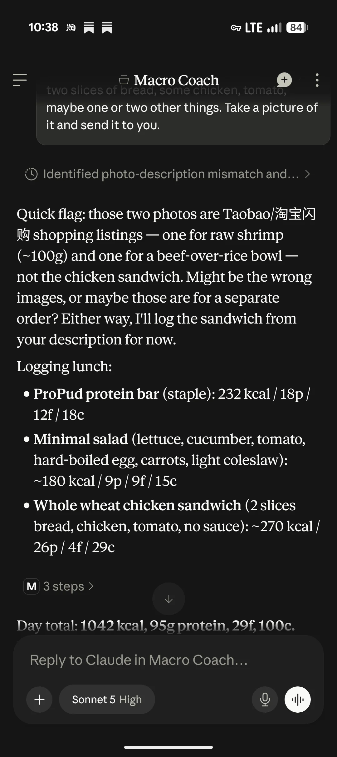 Phone screenshot of a Claude project called Macro Coach. It flags that the two photos sent were Taobao shopping listings for raw shrimp and a beef rice bowl rather than the chicken sandwich described, says it will log from the description instead, and lists the meal's items with calories and macros.