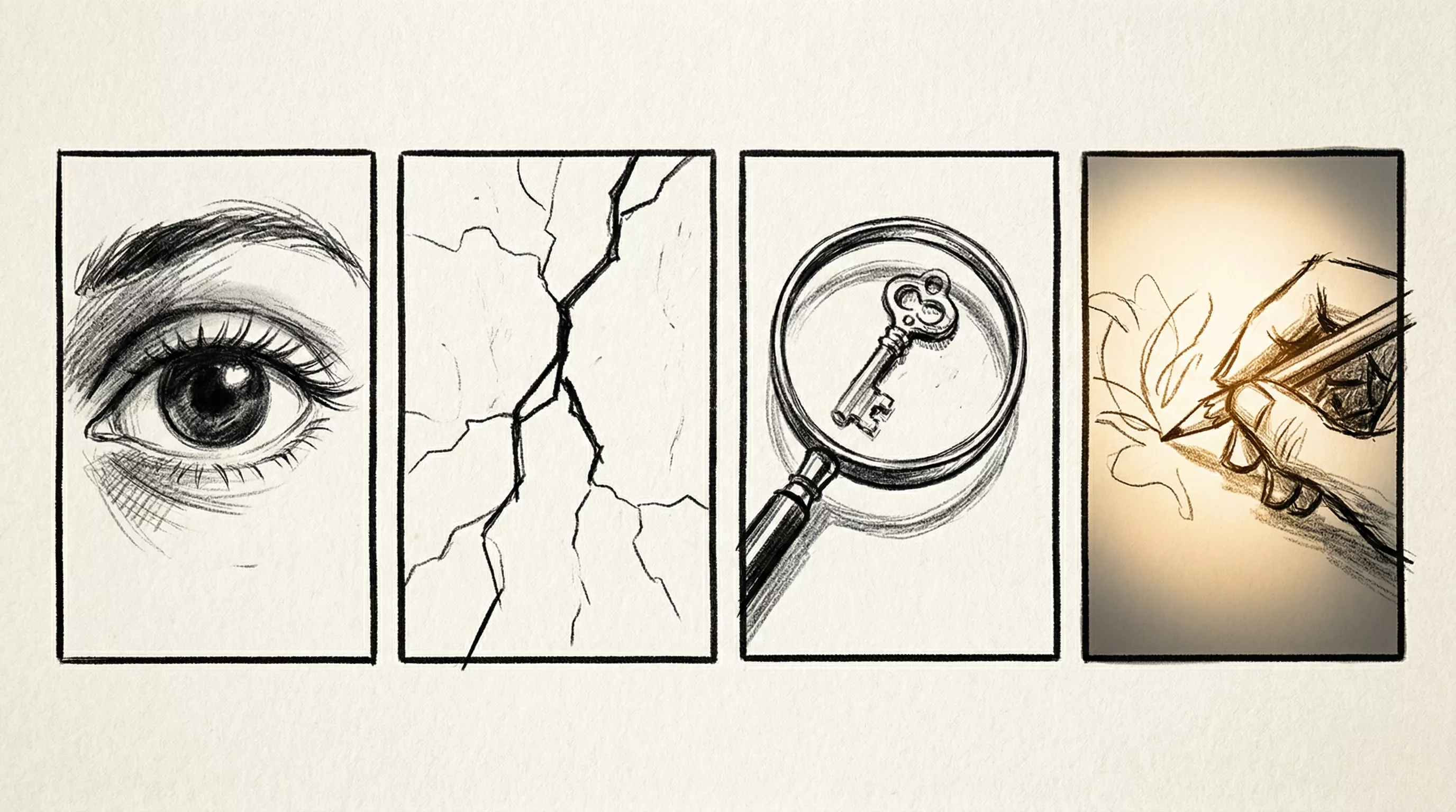 Four panels representing the recursive interview phases: an eye (Behaviour), a crack (Friction), a magnifying glass with key (Hidden Assumptions), and a hand with pencil in warm light (Redesign Criteria)