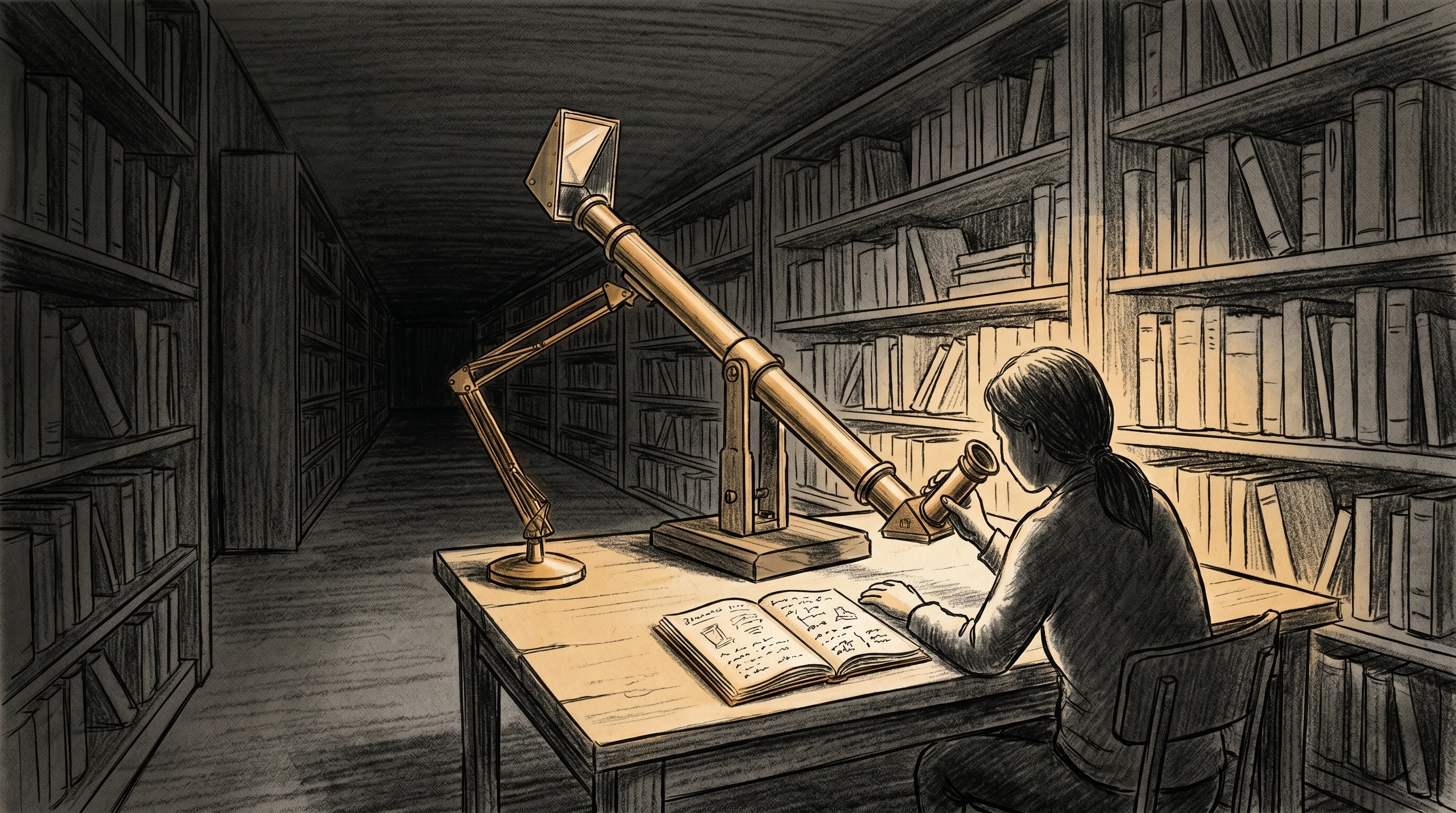 A scholar at a desk with a handmade brass apparatus, writing observations in a journal under an amber lamp — recursive self-examination.