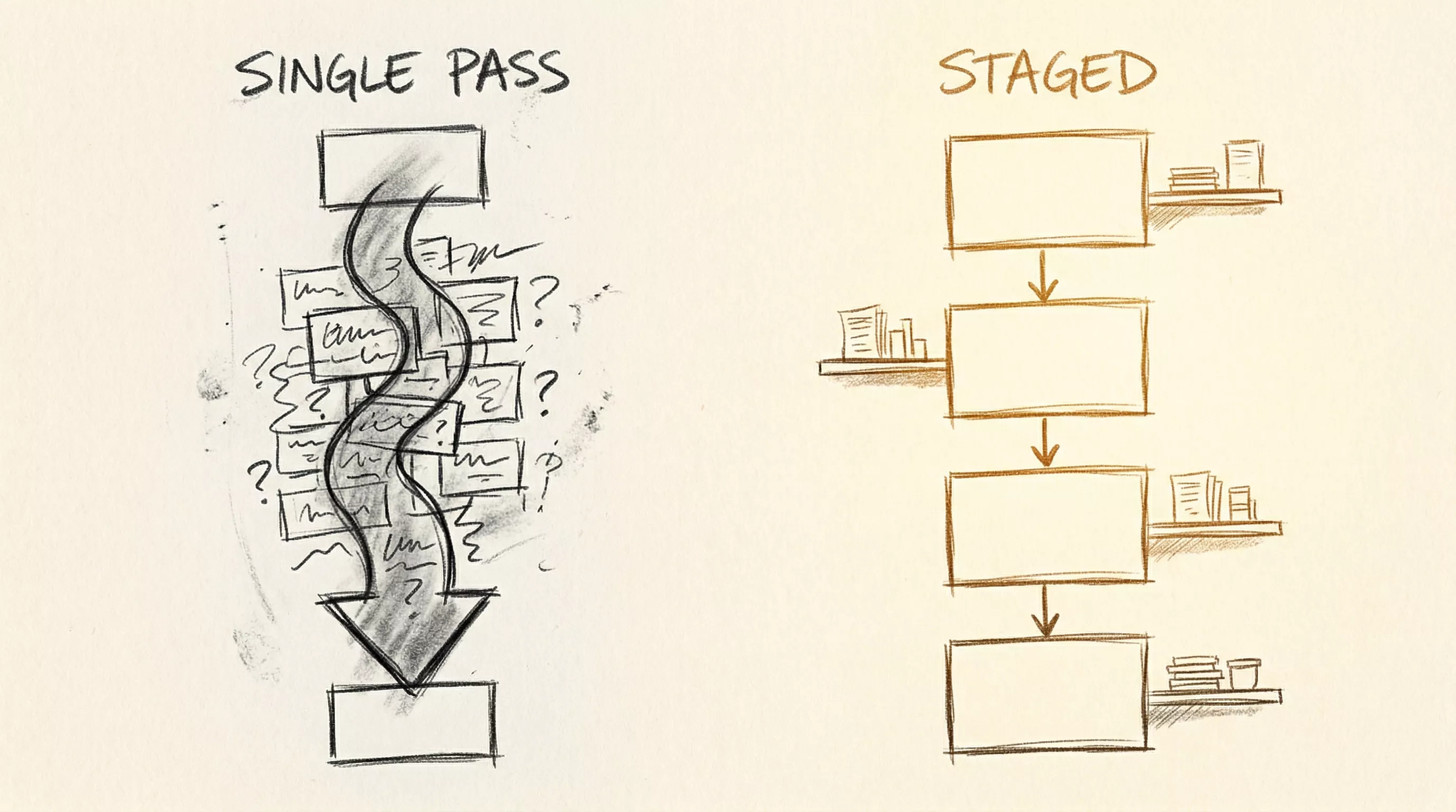 Two flowcharts comparing single-pass processing (chaotic, everything at once) versus staged cognition (ordered phases with intermediate results stored between each step)