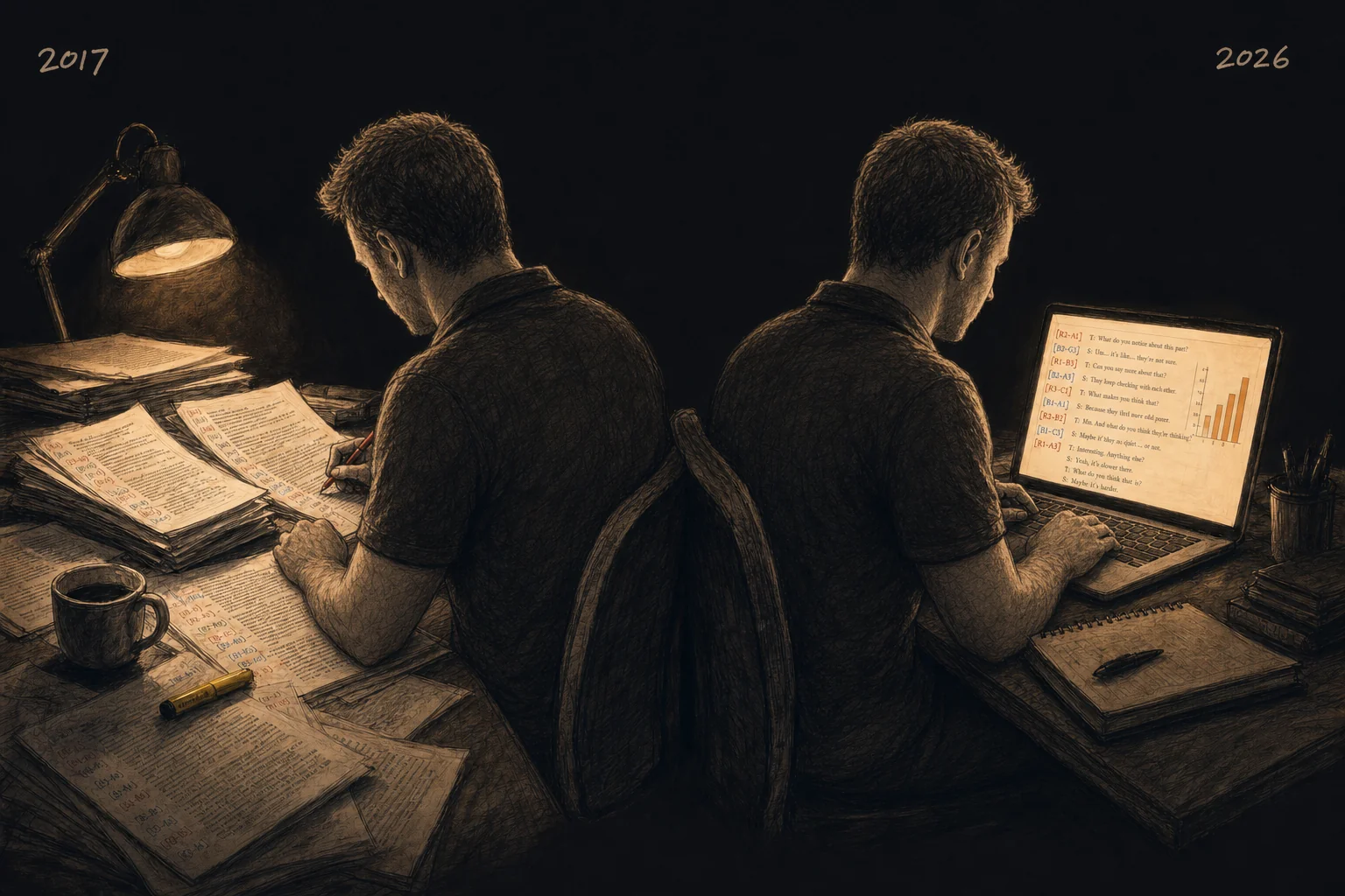 Charcoal illustration of the same man at two desks nine years apart — 2017 hand-coding paper transcripts under an amber lamp, 2026 with the same coded transcript glowing on a laptop screen.