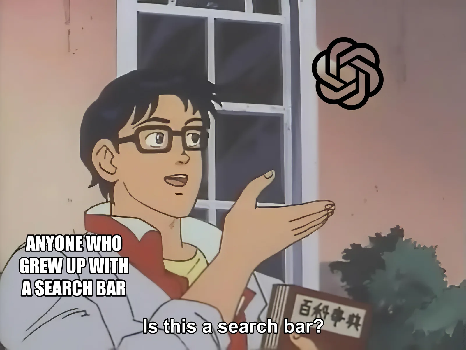 The 'Is this a pigeon?' meme, with the ChatGPT logo in place of the butterfly and the caption 'Is this a search bar?'