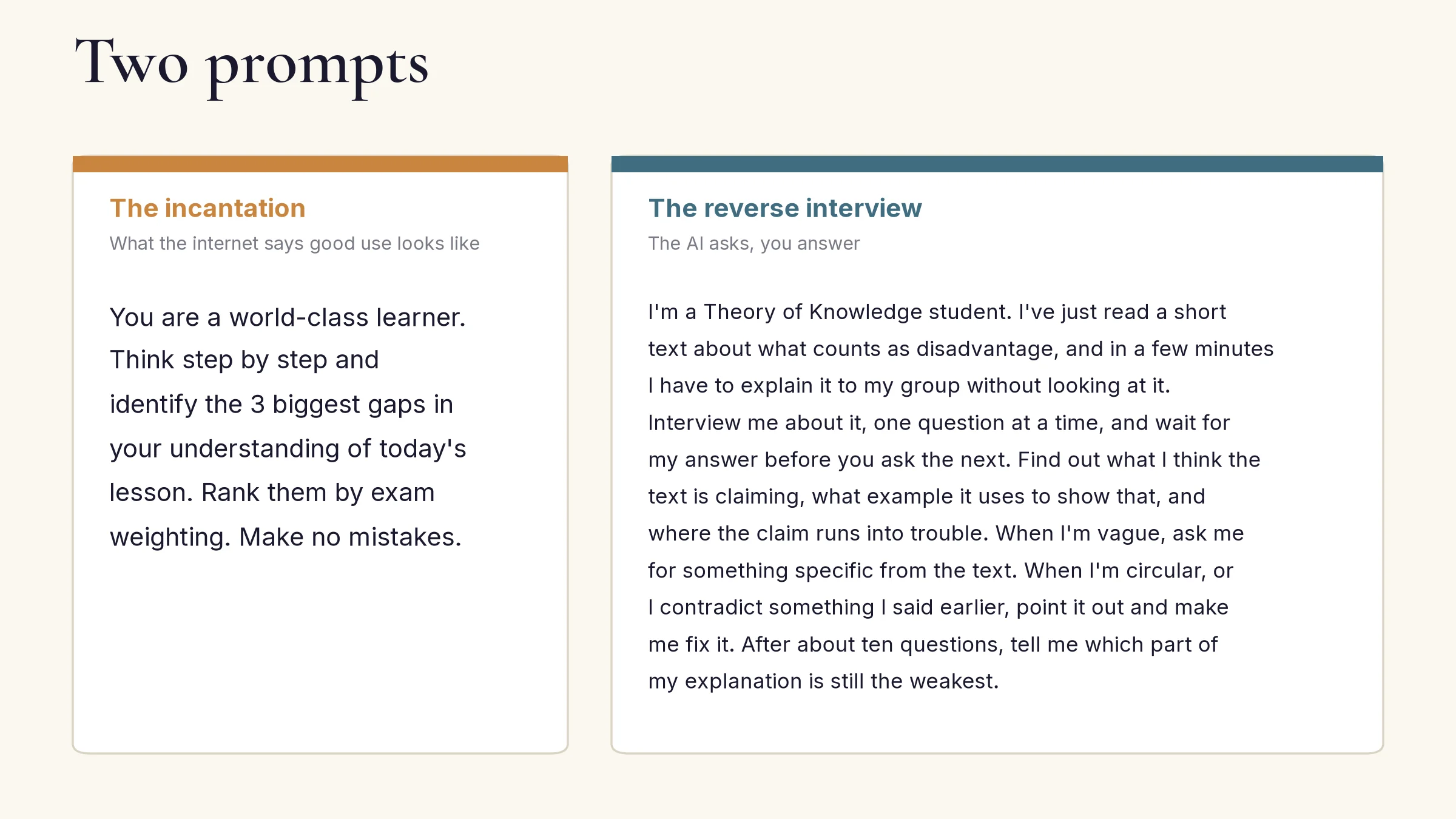 Two prompts side by side. The incantation, what the internet says good use looks like: 'You are a world-class learner. Think step by step and identify the 3 biggest gaps in your understanding of today's lesson. Rank them by exam weighting. Make no mistakes.' The reverse interview, where the AI asks and you answer: the interview prompt quoted above.