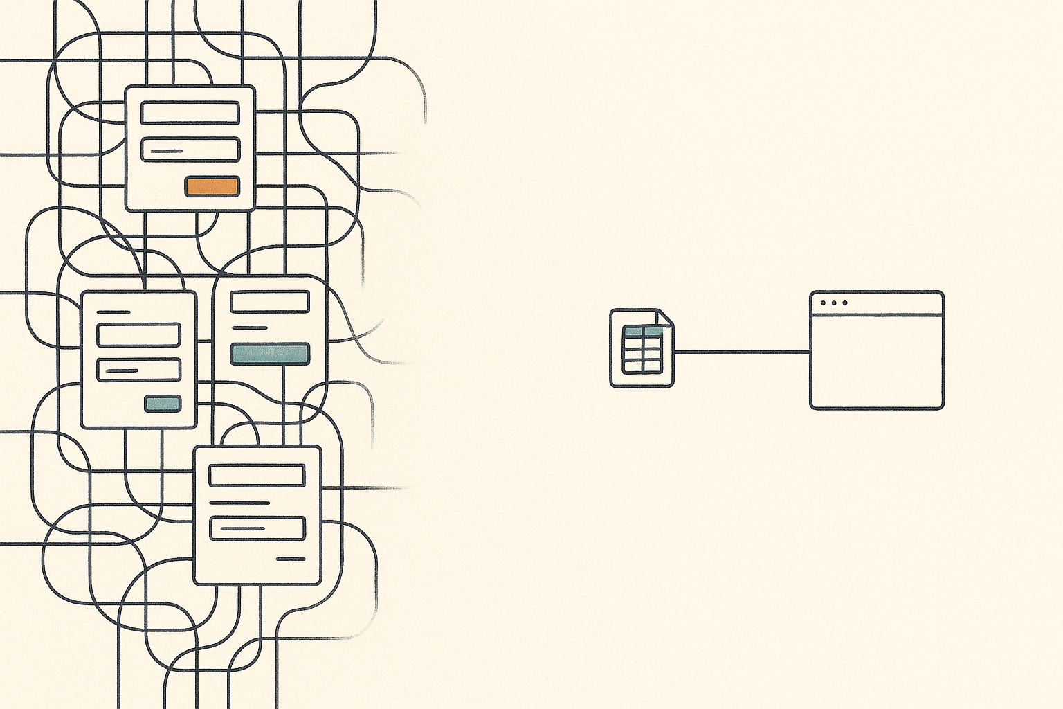 A tangled web of accounts and logins on the left collapsing into a single spreadsheet feeding one clean website on the right.