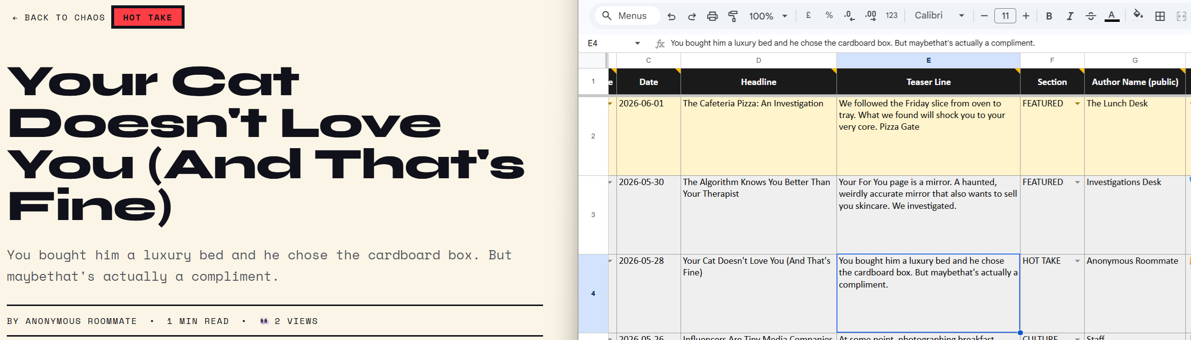 The live magazine site on the left beside the spreadsheet that feeds it on the right — one row is one article, and editing a cell changes the page.