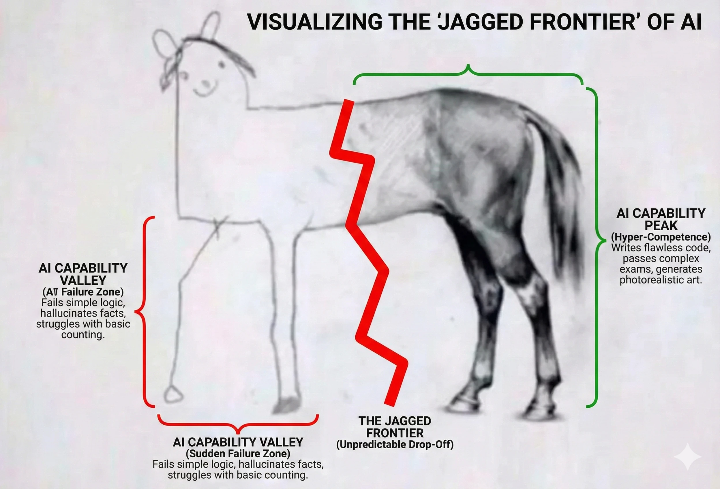 The Jagged Frontier of AI capabilities - visualization showing uneven performance across different task types
